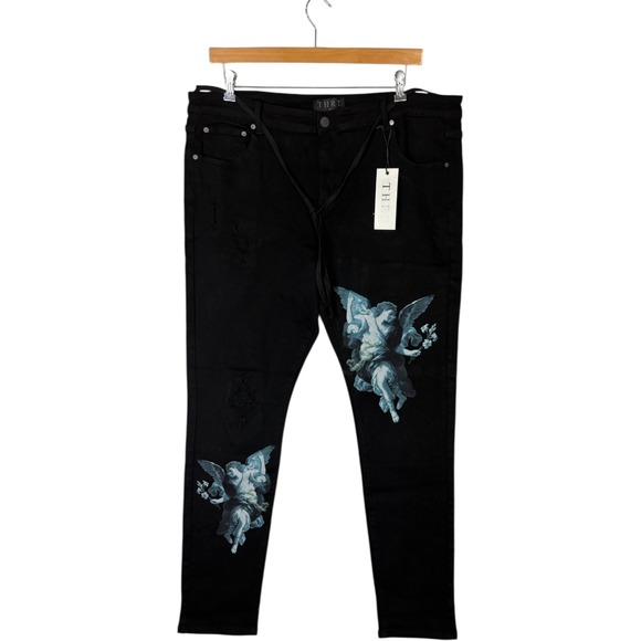 THRT Other - NWT THRT Mens Black Angel Cherub Print Distressed Jeans Sz 44x30 Streetwear